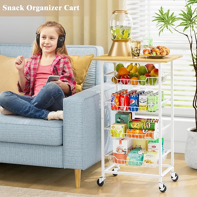 Kitchen Microwave Cart with Fruit Baskets, 5 Tier Microwave Table Stand with Fruit Vegetable Storage Small Rolling Cart on Wheels, Floor Organizers and Storage for Pantry Kitchen, Living Room