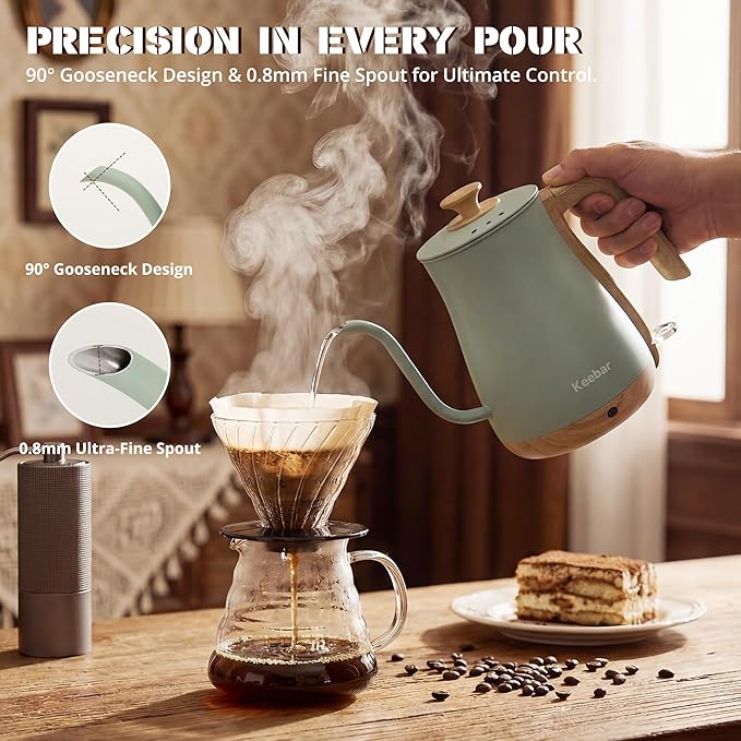 Electric Kettle, Electric Tea Kettle Stainless Steel, Gooseneck Electric Kettle, 1000W Hot Water Kettle Electric Auto Shut Off, 0.8L, Wood-like Grain Finish Handle, Light Green