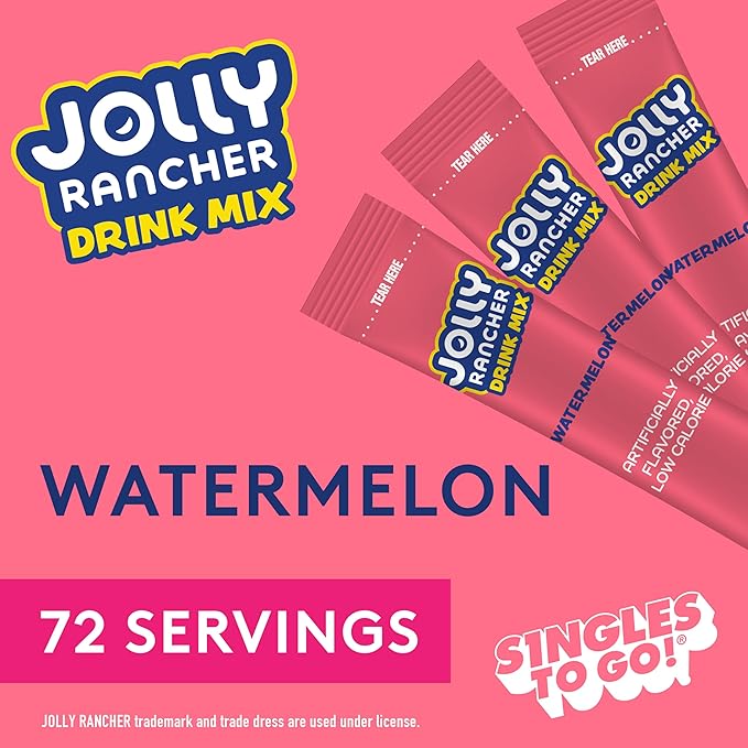 SINGLES TO GO! Jolly Rancher Rancher Water Drink Mix, Watermelon, 12 Boxes With 6 Packets Each, 72 Total Servings