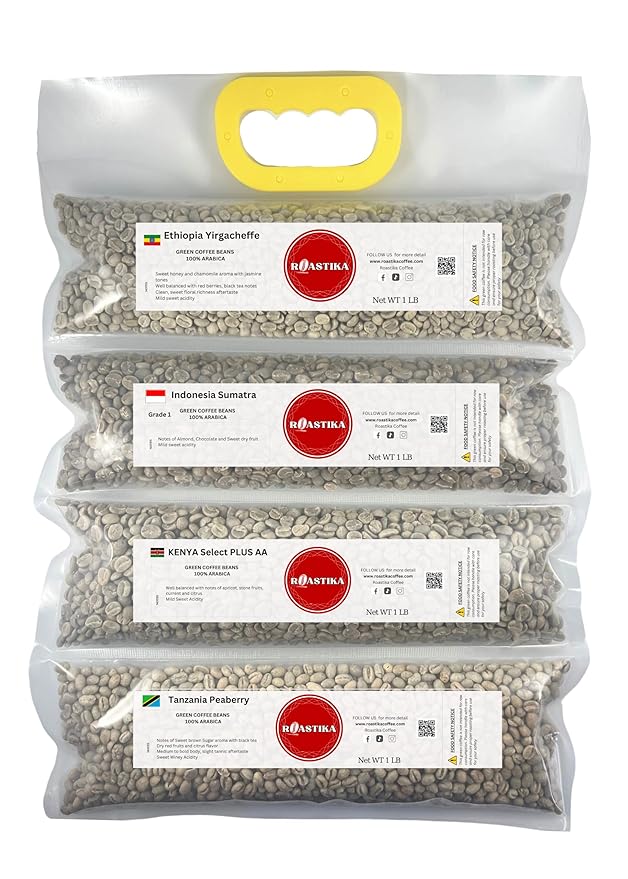 Roastika - Unroasted Coffee Bean - 4lb (pack of 4) - Sampler Pack - FANCY BUNDLE (ETHIOPIA YIRGACHEFFE/INDONESIA SUMATRA/KENYA PLUS AA/TANZANIA PEABERRY KILIMANJARO) Green Coffee Bean