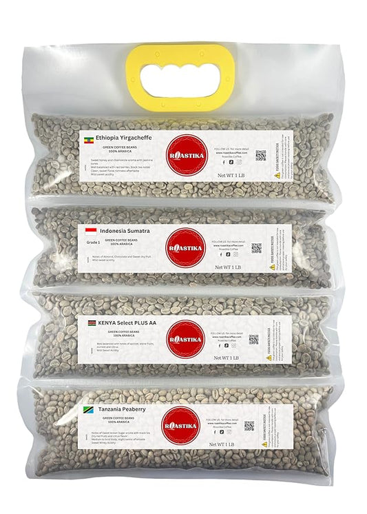 Roastika - Unroasted Coffee Bean - 4lb (pack of 4) - Sampler Pack - FANCY BUNDLE (ETHIOPIA YIRGACHEFFE/INDONESIA SUMATRA/KENYA PLUS AA/TANZANIA PEABERRY KILIMANJARO) Green Coffee Bean