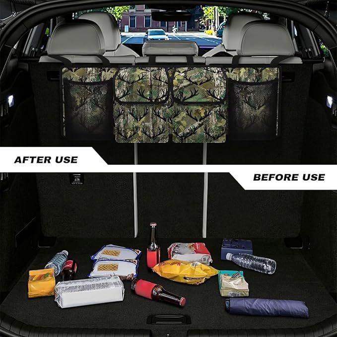 Camouflage Antler Tree Car Trunk Organizer SUV with 3 Non-slip Strips, Back Hanging Car Storage Organizer with Pockets, Auto Accessories Interior Decoration