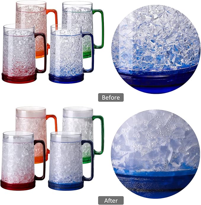 Double Wall Gel Frosty Freezer Ice Mugs Clear 16oz Set of 4 (Blue, Red, Orange and Green)