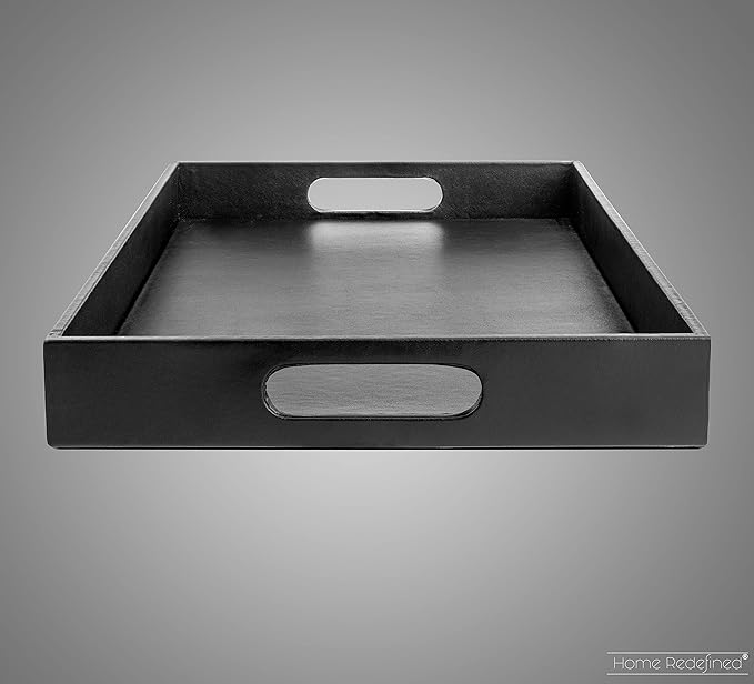 Beautiful Modern Elegant 17.5"x12" Rectangle Classic Black Faux Leather Decorative Tray Ottoman Coffee Table Perfume Living Room Kitchen Serving Tray with Handles for All Occasion's