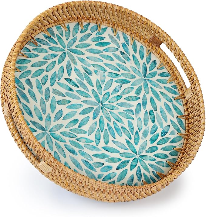 YANGQIHOME Round Rattan Tray with Handle, Mother of Pearl Inlay Decorative Wicker Basket for Coffee, Bread, Fruits, Serving Tray for Home Decor, Blue Flower