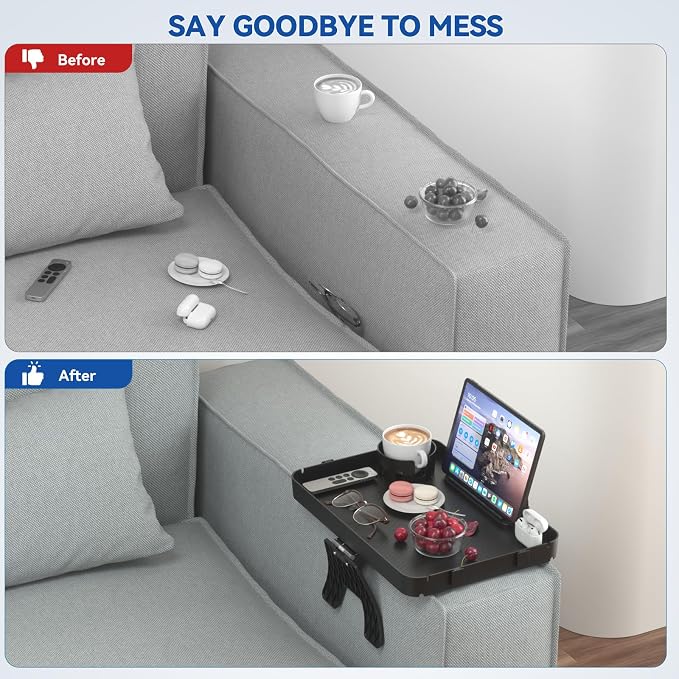 Couch Armrest Table Couch Arm Tray Cup Holder Plastic Armchair Caddy Recliner Arm Caddy Large Sofa Armrest Organizer Adjustable Clip on Snack Tray Drink Holder Removable Phone Pad Holder 16.38x11.02''