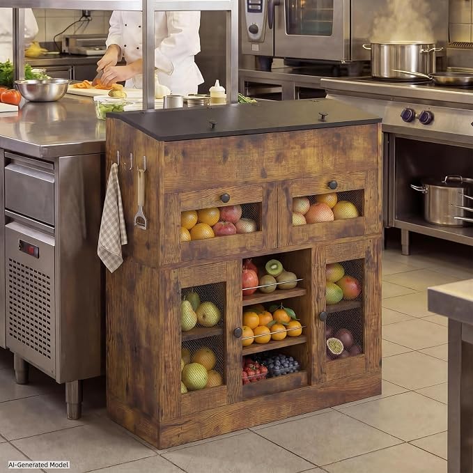 Wooden Potato and Onion Storage Bin with Lid, Potato Bin with 2 Mesh Drawers, 5-Tier Fruit & Vegetable Cabinet with Mesh Doors, Rustic Kitchen Organizer with Adjustable Shelves for Pantry (31.9")