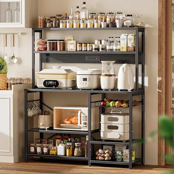 SUPERJARE Bakers Rack with Power Outlet, 47.2 Inches Coffee Bar with Wire Basket, Kitchen Microwave Stand with 6 S-Shaped Hooks, Open Storage Shelves, Black