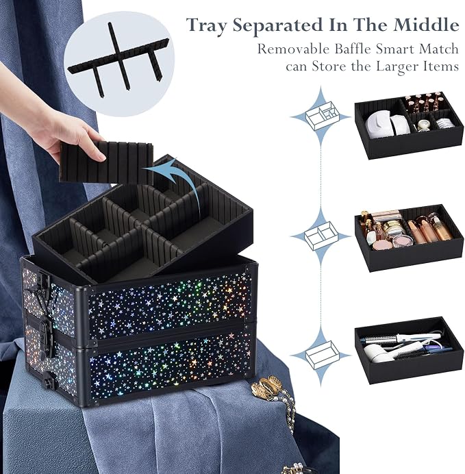 Stagiant Rolling Makeup Case Cosmetology Case on Wheels 4 in 1 Large Makeup Travel Case Nail Kits Organizer Train Case with Key Make Up Artist Salon Storage Traveling Cart Trunk Black Star