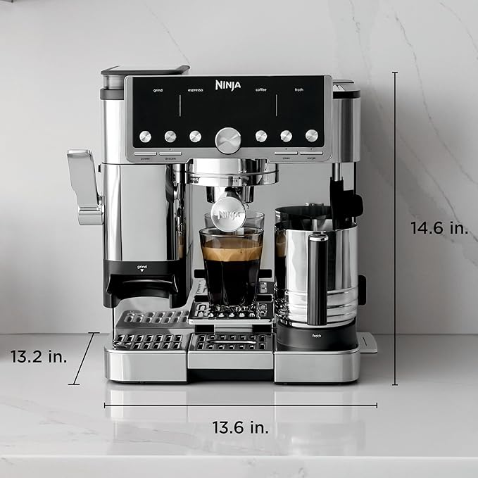 Ninja Luxe Café Pro Series, Espresso Machine, Drip Coffee, Cold Brew, Hot Water, Integrated Tamper, Built-in Grinder, Hands-Free Frother for Cappuccinos, Lattes, Americanos, Dairy or Non-Dairy, ES701