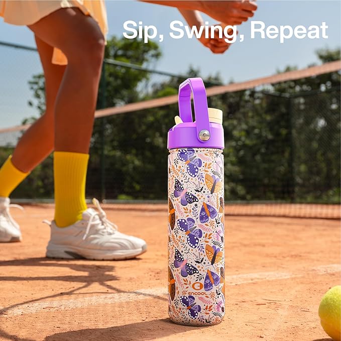 ENCOOL Insulated Water Bottle with Straw Stainless Steel Water Bottle, Leak-Proof, BPA-Free, Double Wall Vacuum Keeps Cold for 24 Hours for Sports, Travel, School (26 oz, Lavender Butterfly)