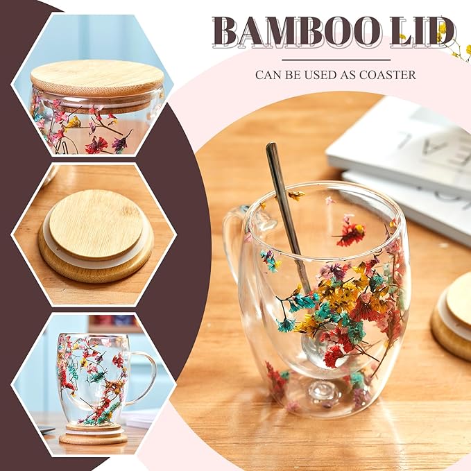 Rtteri 11.8 oz Double Wall Glass Coffee Mug with Bamboo Lid and Spoon Clear Flower Insulated Coffee Mugs with Handle Double Glass Cup Tea Cup for Cappuccino Latte Beverage