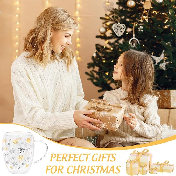 JarThenaAMCS Christmas Double Wall Glass Coffee Mugs 12Oz Gold Silver Snowflake Insulated Glasses Clear Espresso Cups with Handle for Winter Xmas Holiday Supplies, Set of 2