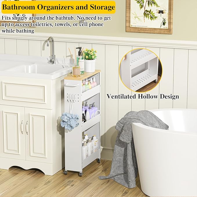Utility Slim Storage Cart, 4-Tier Narrow Laundry Room Bathroom Organizers and Storage Cart, Metal Pantry Kitchen Organization Shelf with Wood Top, Slim Rolling Rack with Wheels for Small Space
