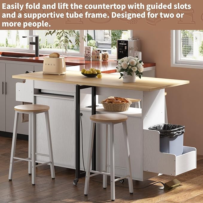 Rolling Mobile Kitchen Island with Storage and Drop Leaf on Wheels, 67" Desk Island for Kitchen with Power Socket and Drawer, Mobile Portable Carts with Spice Rack and Towel Rack (White, Model 3)