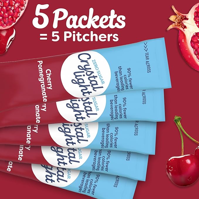 Crystal Light Zero Sugar Cherry Pomegranate Drink Mix, Naturally Flavored Powdered Beverage Packets, Low Calorie Water Flavoring for Pitchers, 10 Quarts per Box, 2.2 Oz (Pack of 6)