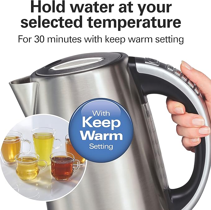Hamilton Beach 1.7 Liter Temperature Control Electric Kettle,Water Boiler & Heater,Fast Boiling 1500 Watts,BPA Free,Cordless,Auto-Shutoff and Boil-Dry Protection,Stainless Steel (41020R),(Pack of 2)