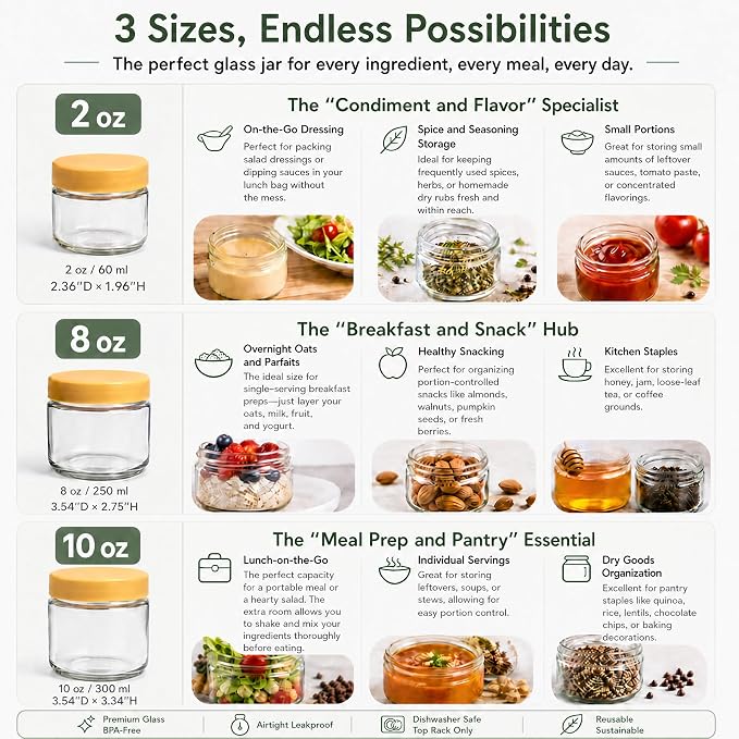 EONJOE 8oz Glass Jars with Lids 1 Cup Small Food Containers for Chia Pudding Jam Snacks Yogurt Overnight Oats Candy,6-Pack