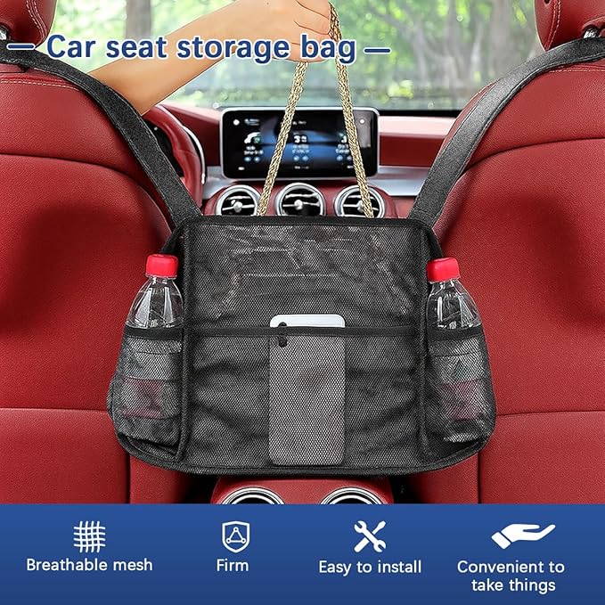 Car Net Pocket Handbag Holder, Mesh Vehicle Driver Storage Organizer Bag Purse Holder Between Two Seat, Automotive Backseat Barrier for Kids Pets, Universal for Truck SUV Sedan