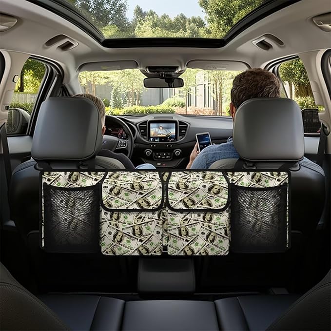 Car Trunk Organizer, US Dollar Bill Large Auto Backseat Hanging Organizer, Thick Backseat Storage Bag with Pockets, Car Trunk Tidy Storage Bag with Lids Decoration