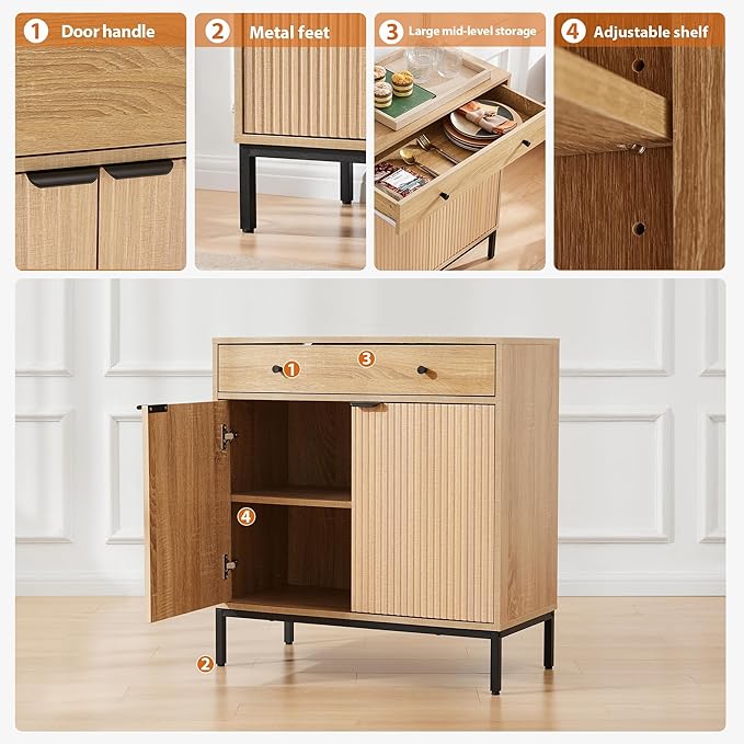 Mericonia Farmhouse Buffet Sideboard Cabinet with Storage, Fluted Coffee Bar with Doors and Adjustable Shelves, Modern Wood Cabinet for Kitchen, Livingroom (Fluted 2 Door, Natural) | with Drawer, Farmhouse, Kitchen Storage, with Doors, Adjustable Shelv...