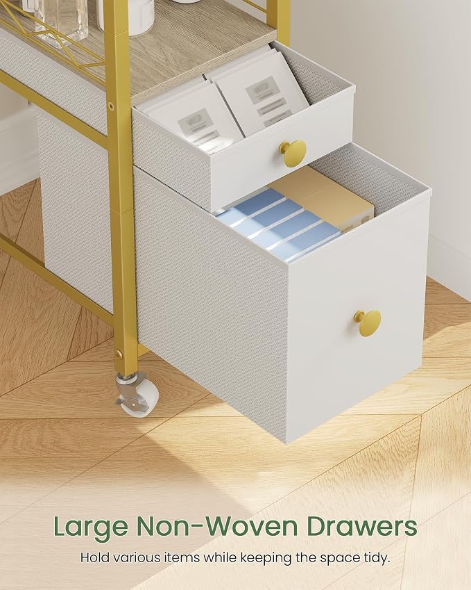 CHOEZON Makeup Organizer Storage Cart with Drawers, Floor-Standing Makeup and Skincare Organizer with Wheels, Bathroom Vanity Make Up Organizers for Brush, Hair Tool, White, Gold, and Natural TCJ90JW