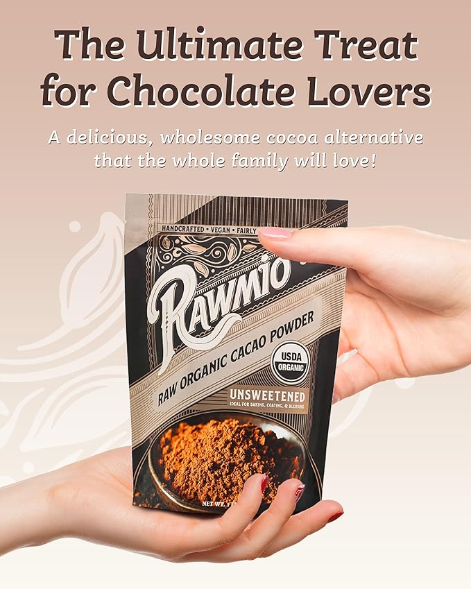 Rawmio Raw Organic Cacao Powder - Nutrient-Dense with Dietary Fiber, Iron, & Calcium - Rich & Creamy Raw Cacao for Drinking or Baking - Organic Cocoa Powder Alternative - 16 oz, Pack of 3