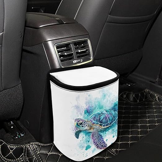 Watercolor Sea Turtle Car Trash Can with Lid Garbage Bag Dustbin Container Waste Basket Storage Pocket Hanging Large Capacity Vehicle Trash Bin