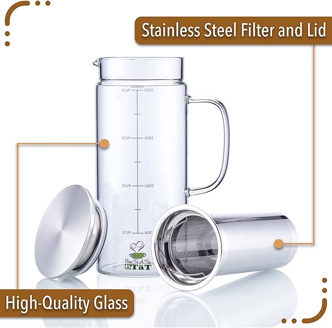 BTaT- Cold Brew Coffee Maker, Iced Coffee Maker, 1 Quart, 32 oz, Iced Tea Maker, Cold Brew Maker, Tea Pitcher, Coffee Accessories, Iced Tea Pitcher, Cold Brew System, Cold Brew Pitcher