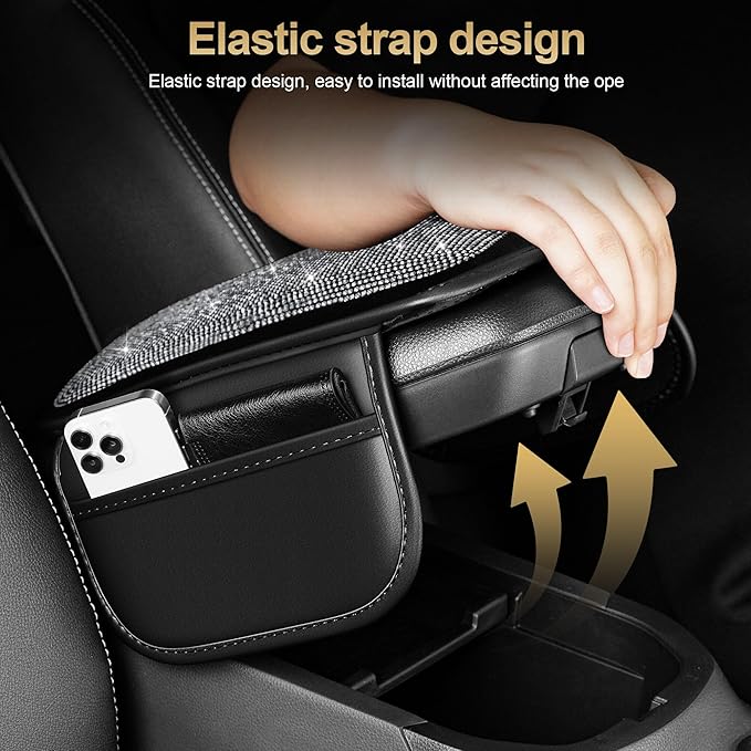 Center Console Cover Fit for Ridgeline: Upgraded Diamond Auto Middle Console Cover - Crystal Rhinestone Armrest Cover for Car with 2 Storage Bags,Anti-Scratch Auto Armrest Pad Accessory （Black
