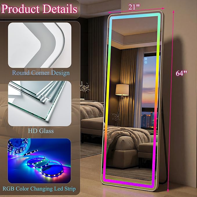 VooBang 64"x21" RGB LED Full Length Mirror, Floor Body Dressing Mirror with RGB Color Changing Lights, Standing Leaning Wall Mounted for Bedroom, Living Room