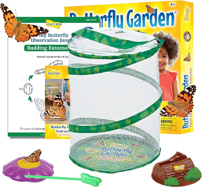 Insect Lore Butterfly Garden Kit with Live Caterpillars – Grow 10 Painted Lady Butterflies - STEM Learning Activity, Habitat with Journal, Stickers, Seeds & Figurines - As Seen on TV