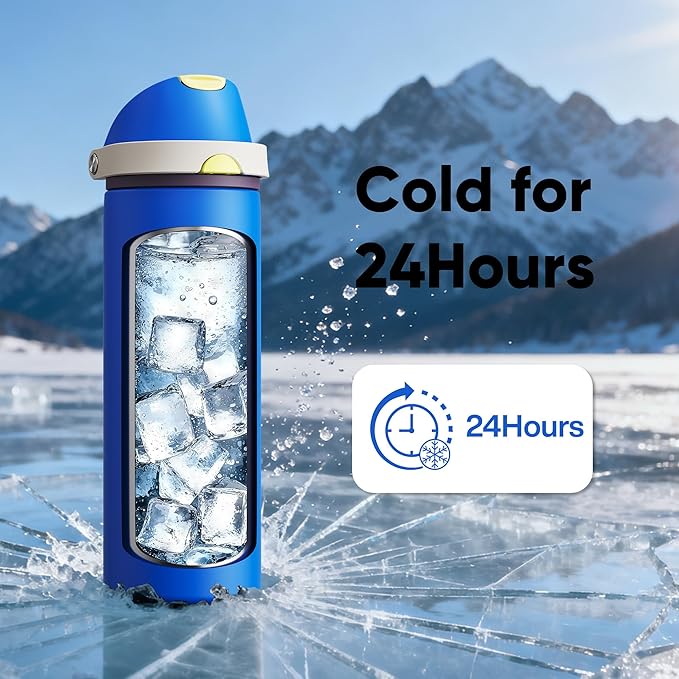 Insulated Water Bottle with Straw - Encool Stainless Steel Water Bottle with Push Button Lid, Leak-Proof & BPA-Free, Keeps Cold for 24 Hours for Sports, Travel, Gym (24 oz, Sapphire)