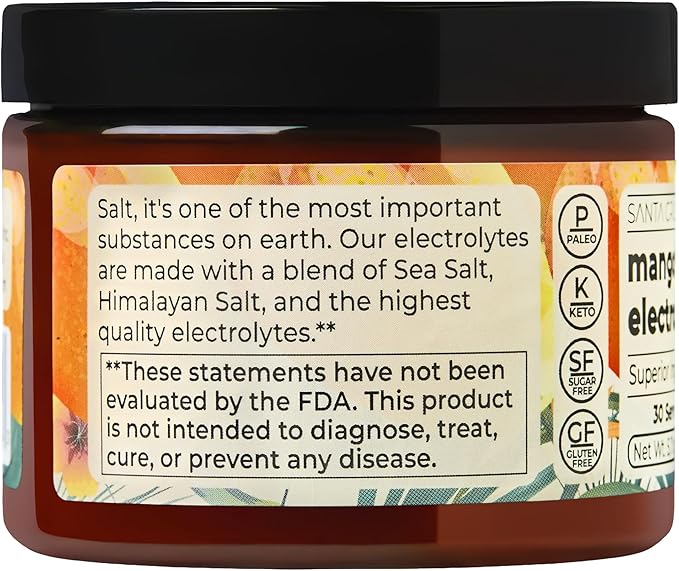 Santa Cruz Paleo Electrolyte Powder, Mango Flavor, Sugar Free Hydration Drink Mix with Himalayan Pink Salt, Sea Salt, Magnesium Glycinate, Potassium Chloride, Sweetened with Stevia, 30 Servings