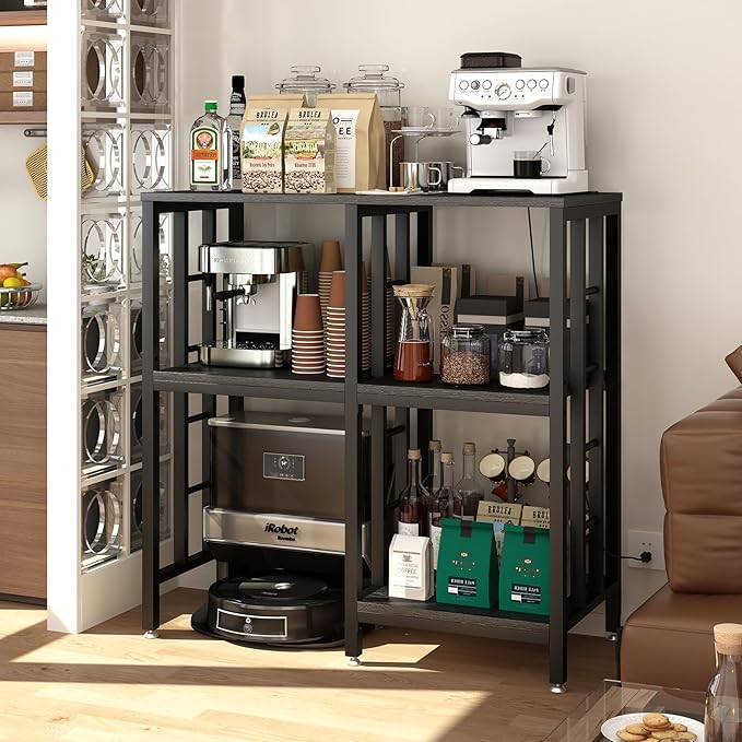 Adjustable Kitchen Bakers Rack with Power Outlet,4-Tier Microwave Stand Kitchen Cart,Mini Fridge Stand with Storage,Bar Cabinet,Suitable for Office,Coffee Bar,Living Room,Patio, Black