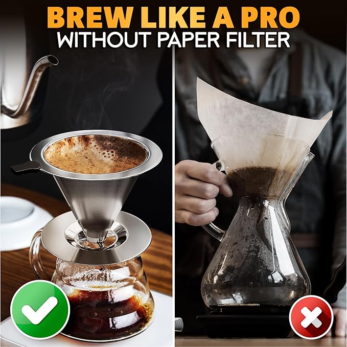 Stainless Steel Pour Over Coffee Maker With Cleaning Brush & Non-Slip Silicone Handle - 2 Cups Capacity Stainless Steel Pour Over Coffee Dripper With Secure Wide Base, Clean Flavor Paperless