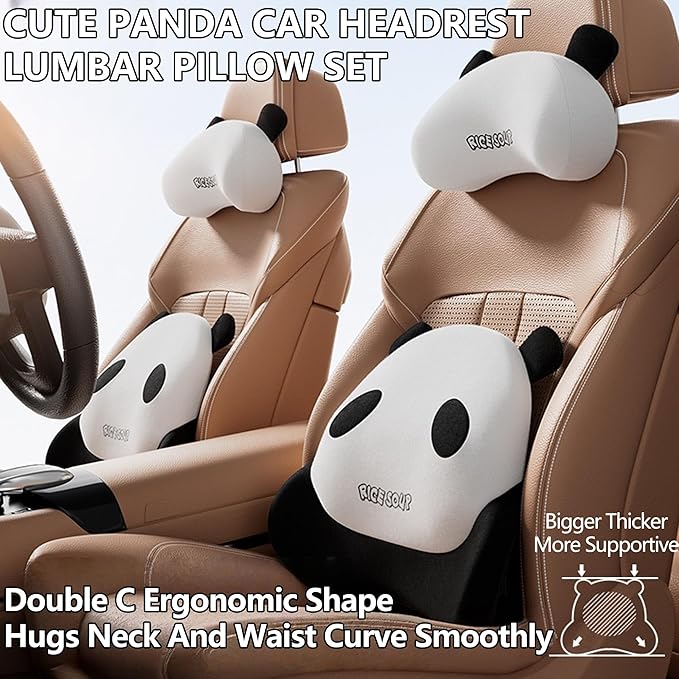 Cute Panda Car Neck Pillow & Lumbar Support Memory Foam Cushion for Driving Adjustable Headrest Waist Pillow for Most Seats (Brown, Headrest & Backrest)