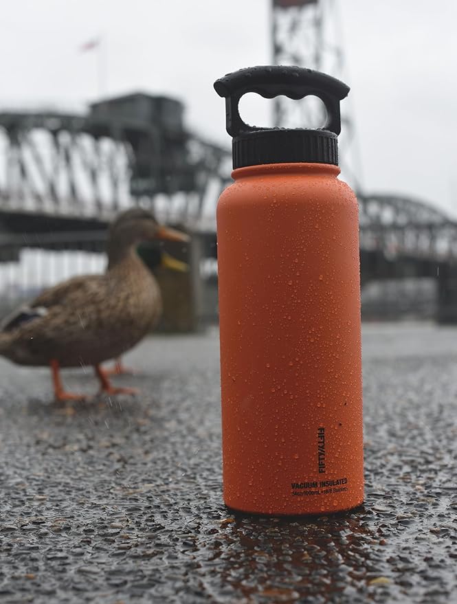 FIFTY/FIFTY Double Wall Vacuum Insulated Water Bottle, Stainless Steel, Wide Mouth with Three Finger Cap