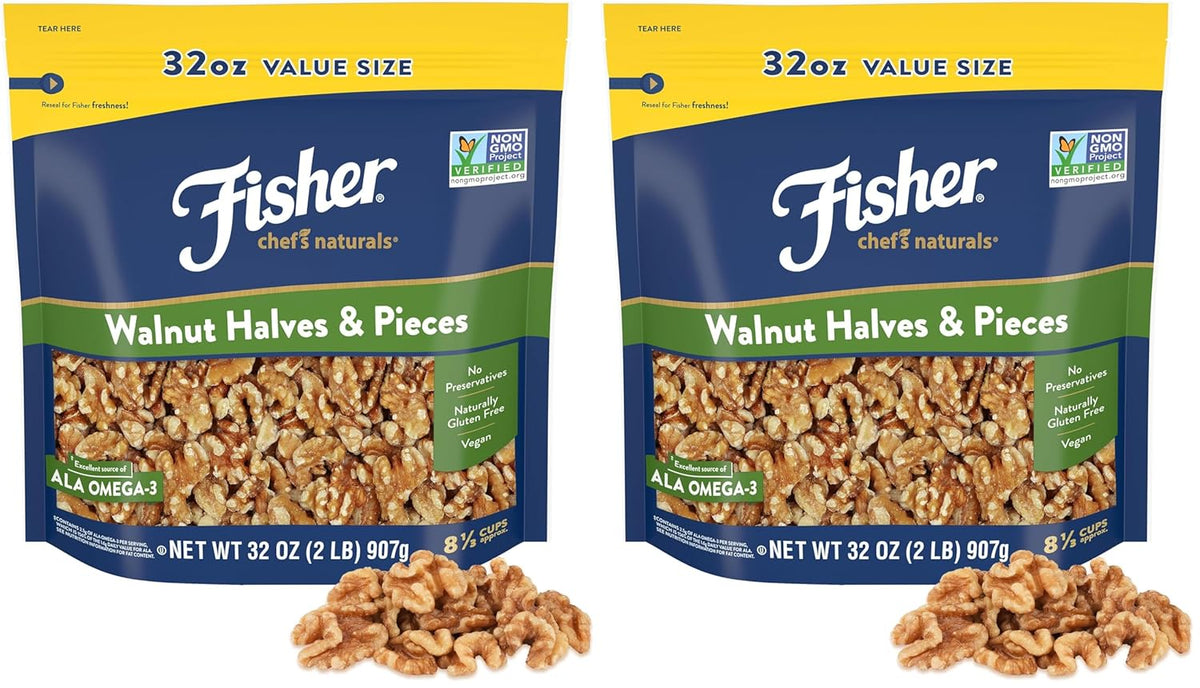 Fisher Chef's Naturals Walnut Halves & Pieces 16 oz, 100% California Unsalted Walnuts for Baking & Cooking, Healthy Snacks for Adults, Resealable Bag, Vegan Protein, Keto Snack, Chopped Nuts, Topping