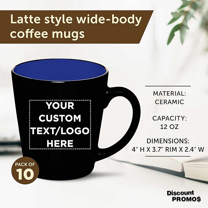Custom Ceramic Coffee Latte Mugs 12 oz. Set of 10, Personalized Bulk Pack - Perfect for Coffee, Tea, Espresso, Hot Cocoa, Other Beverages - Royal Blue
