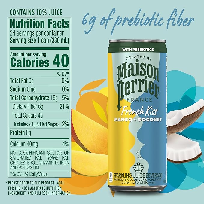 Maison Perrier French Kiss Sweetened Sparkling Juice Beverage, Mango & Coconut Flavors With Real Fruit Juices, 24Pk