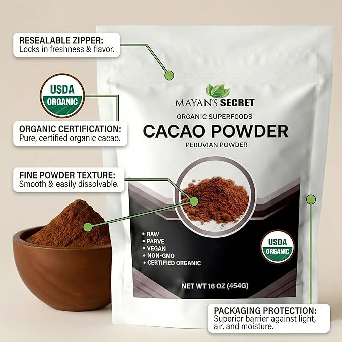 Mayan’s Secret - Organic Cocoa Powder Unsweetened - Raw Cacao Powder Organic Pure Dark Cacao for Smoothie, Coffee and Drink Mixes - Non-Alkalized, Vegan & Gluten Free (1 Pound - Pack of 1)