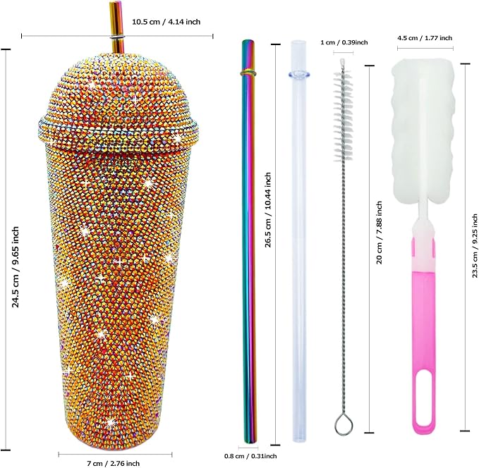 24oz Bling Cup Handmade Rhinestones Studded Tumbler Double Wall Insulated Plastic Reusable Water Bottle with Lid and Straws for Home Office Party Beach (Bright Red)