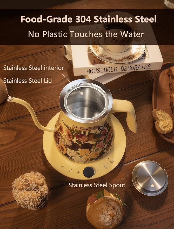 0.8L/27oz Gooseneck Electric Kettle - ±1℉ Precise Temperature Control for Pour Over Coffee & Tea, 1200W Fast Heating, Auto Shut-Off, Built-in Brew Timer, BPA-Free Stainless Steel, Floral