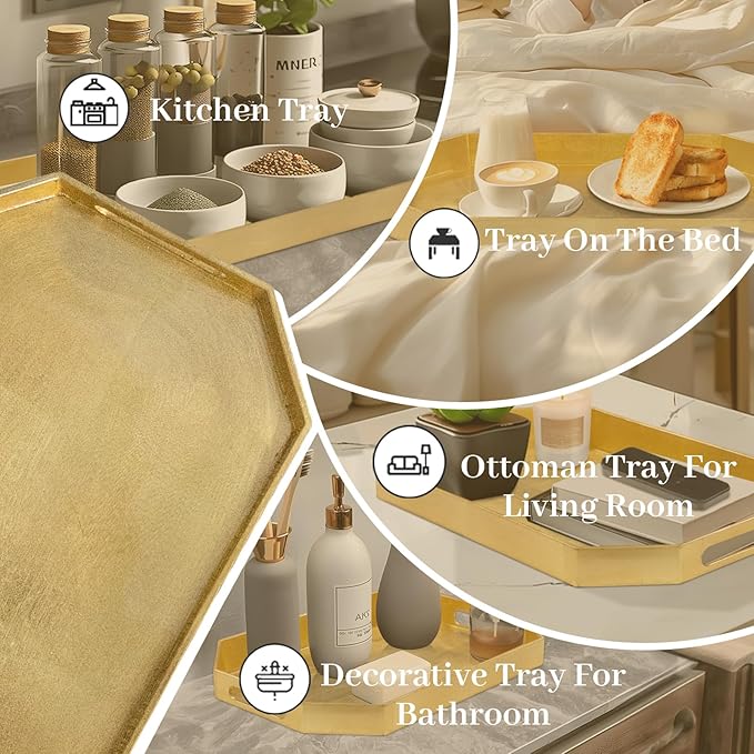 MAONAME Gold Decorative Tray with Handles, Foil Serving Tray for Ottoman, Octagonal Coffee Table Trays for Living Room, Bathroom, 16.5" L x 12.2" W x 1.6" H
