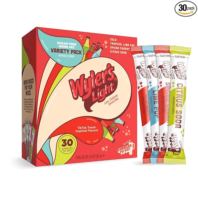 Wyler’s Light Singles To Go Water Drink Mix, Soda-Inspired Flavor Pack, 30 Sticks (Cola, Tropical Lime Pop, Spiced Cherry, Citrus Soda), Sugar Free, Low Calorie