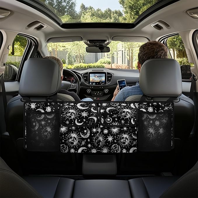 CLOHOMIN Black Car Trunk Organizer for Sedan Truck SUV Van Sun and Moon Back Seat Storage with 4 Pockets Hanging Car Cargo Trunk Storage Organizer Bag