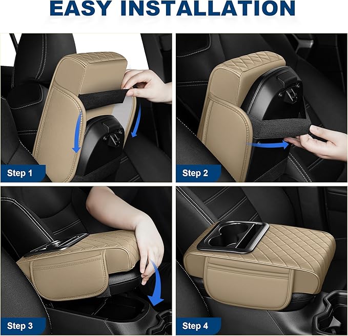 Car Center Console Cover Fit for Volkswagen Atlas Faux Leather Auto Armrest Box Cover with Cup Holder & Phone Holder Waterproof Leather Armrest Protector Cushion(Beige)