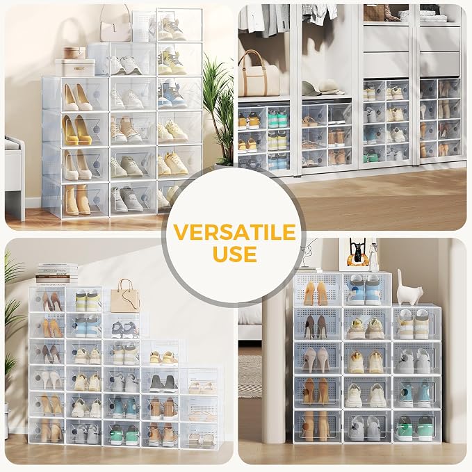 Sweetcrispy Shoe Storage Boxes, Clear Plastic Stackable Shoe Rack Organizer with Lids for Closet, Foldable Sneaker Container, Under Bed and Entryway, 12 Pack, Clear White