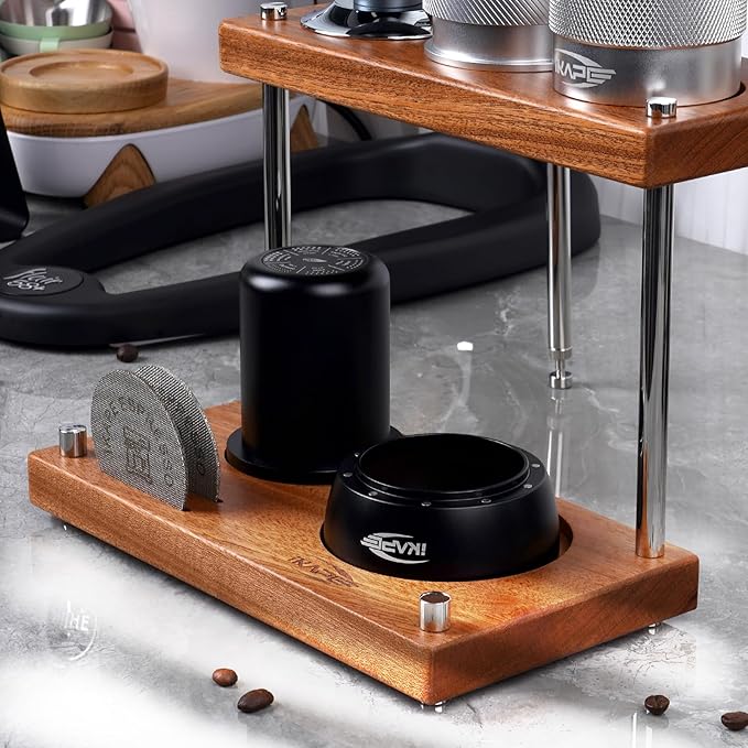 IKAPE Espresso Coffee Tamper Station, Three-Ply Wooden Espresso Tamp Holder Base, Coffee Tamp Mat Stand Fit for 51, 54, 58MM Tamper, Distributor & Puck Screen Accessories(Sandywood)